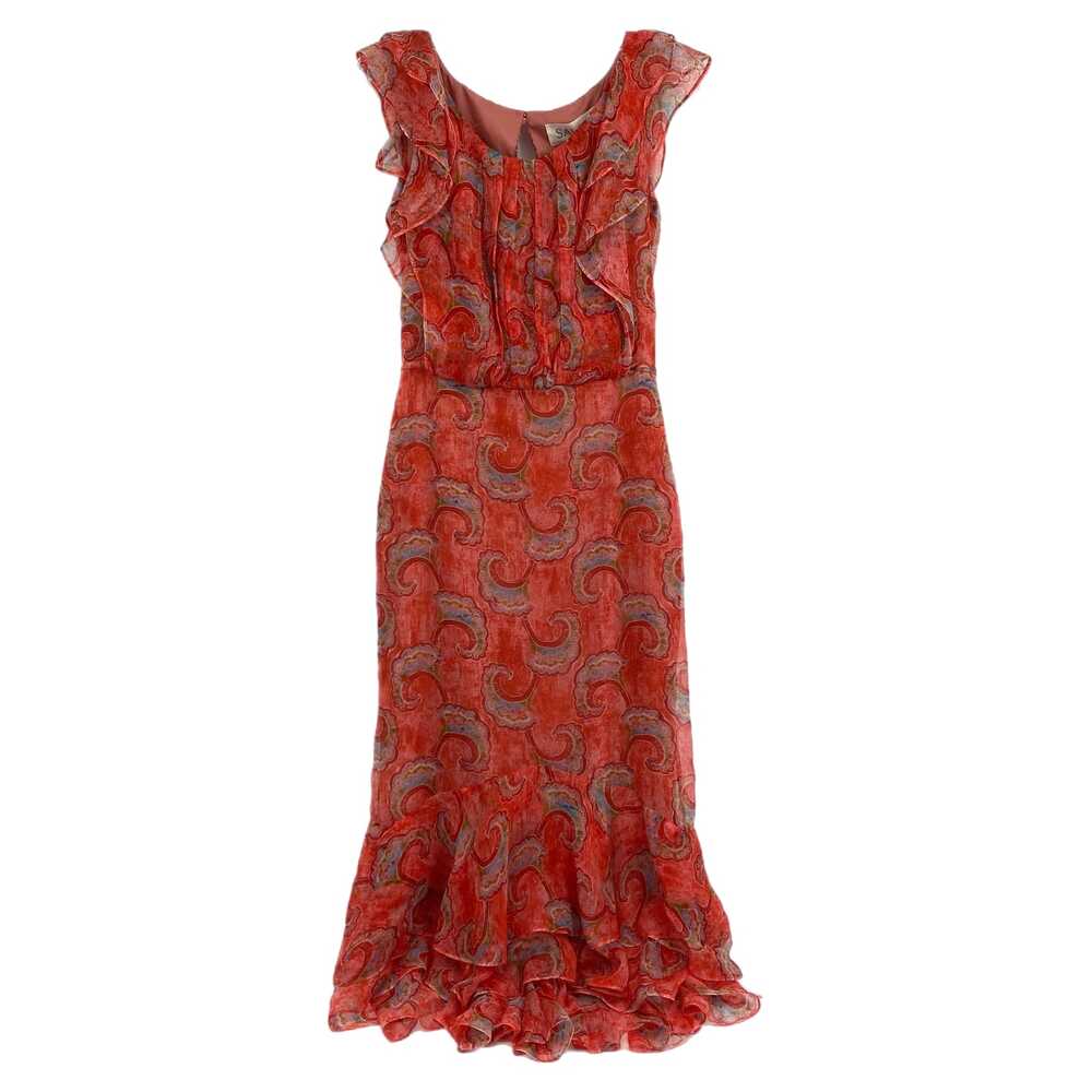 SALONI Red and Blue Ruffle Hem Pleated Midi Dress | Size 0